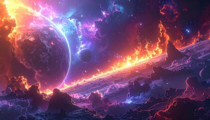 Obraz premium A vibrant, otherworldly landscape of a planet engulfed in fiery nebulae, showcasing a spectacular array of cosmic colors.