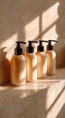 Cream colored bottles dispenses on light beige shelf