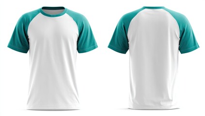 White short-sleeved raglan t-shirt with teal sleeves, shown front and back on white background (2)