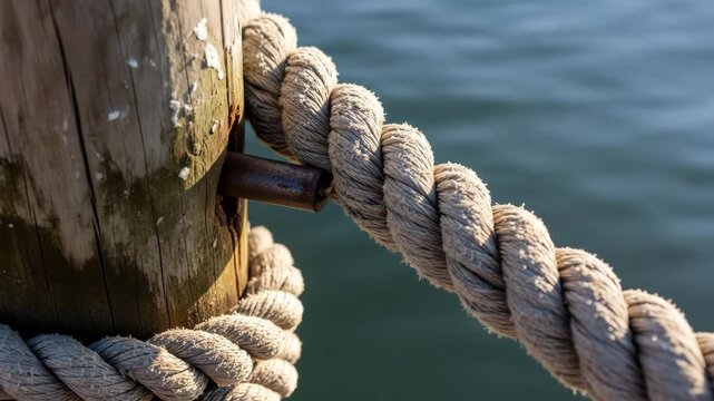 Close-up of thick rope tied to weathered wooden pier post by calm blue water.