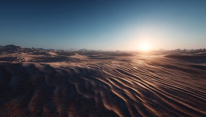 Expansive desert landscape at sunset, showing wind-swept sand dunes and distant, hazy mountains under a clear, vibrant sky