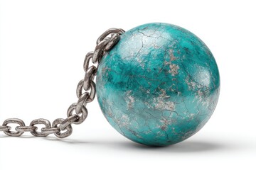 Teal sphere with a weathered, cracked surface attached to a thick, metallic chain against a stark white backdrop