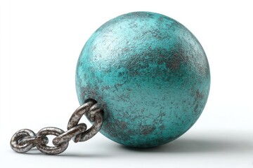 Teal, weathered metal sphere attached to a rusty chain, isolated on white background; showing texture and age