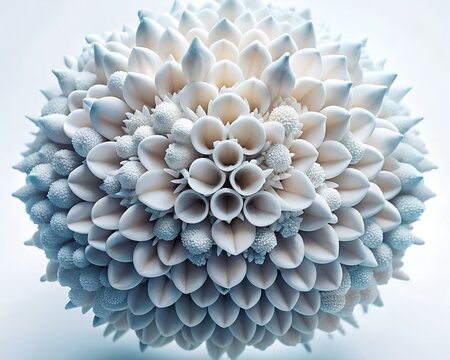 Intricate white ceramic sculpture resembling a dahlia flower with delicate petals and soft lighting
