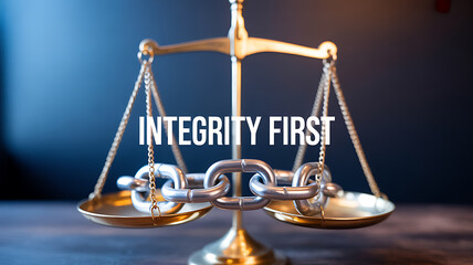 Golden justice scale with chain and 'INTEGRITY FIRST' text overlay