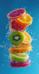 Colorful fruit slices in water splashes