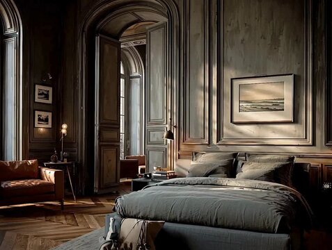 Luxurious classic bedroom interior with sunlight and parquet floor