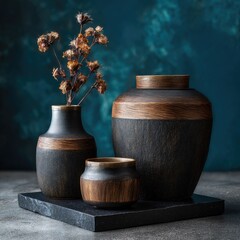 Dark, wooden-toned vases on dark stone