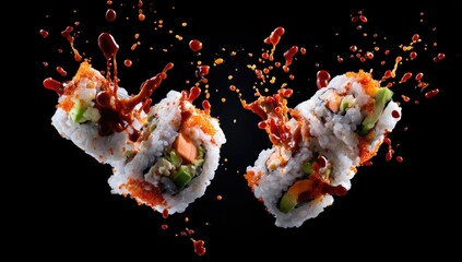 Sushi rolls, flying, splashed with sauce