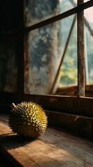 Durian fruit on wooden surface by window
