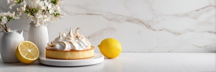 White lemon tart with meringue on a marble countertop, adorned with white blossoms