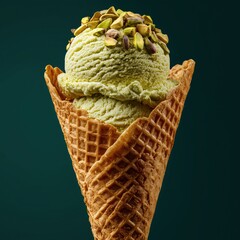 Pistachio ice cream cone on green background