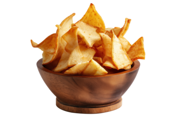 Pile of Tavioka or Cassava chips served in rustic wooden bowl, isolated on white transparent background, concept of Fijian snack food