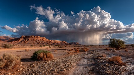 Majestic Desert Landscape with Dramatic Thunderstorm Clouds and Rain Shower