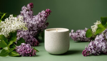 Lilac candle on a sage green background