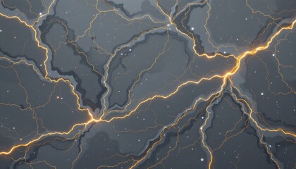 Fototapeta premium Abstract depiction of bright golden lightning striking through dark stormy clouds with scattered white dots