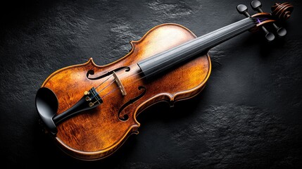 Fototapeta premium Wooden violin positioned on a dark black background, softly lit, top view. The bright instrument stands out against the dim surroundings, creating a refined atmosphere.