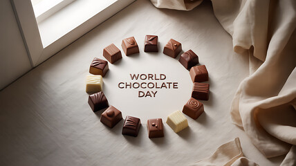 Assorted chocolate pieces arranged in a circle with 'World Chocolate Day' text on a soft fabric surface near a window