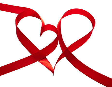 Red ribbon tied into a heart shape against a black background