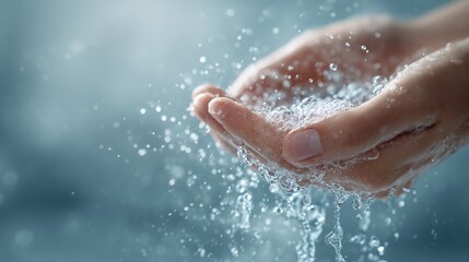 Fototapeta premium Hands catching water droplets in a clear and refreshing scene