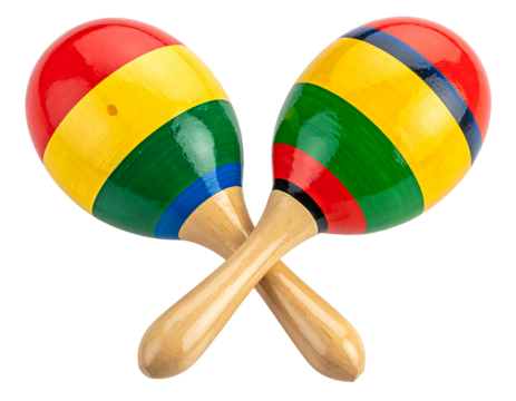 Two colorful maracas crossed, displaying vibrant stripes of red, yellow, green, and blue