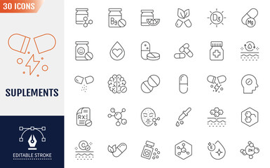 Supplements Icons set. Includes vitamins, minerals, amino acids. Vector illustration