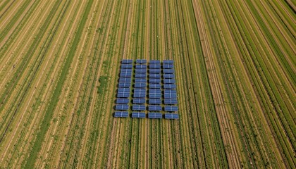 Obraz premium Aerial view of a solar farm array situated within a cultivated agricultural field