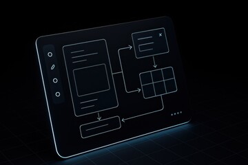 Futuristic tablet UI wireframe with panels, arrows, modal and grid; cool white edge glow
