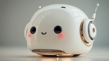 A charming, white robot with a friendly face and warm details stands out against a neutral backdrop, showcasing cute animation features.