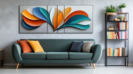 Modern living room with turquoise sofa decorated orange and gray pillows. Wall with an abstract piece of art in shades of blue, orange and green. Black bookshelf with books, with indoor plants on top.
