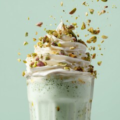 Pistachio dessert with whipped cream and nuts