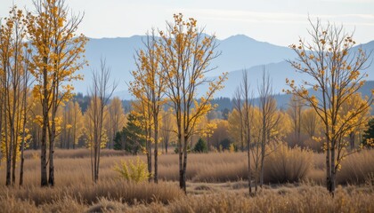 Fototapeta premium Golden autumn trees in dry grass with distant blue mountains under a hazy sky