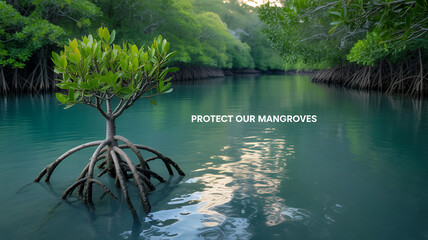 Mangrove tree with exposed roots in calm water surrounded by dense greenery, emphasizing conservation