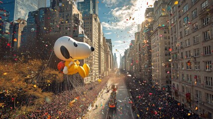Colorful balloons and festive crowds filled the streets during a Thanksgiving parade celebration in a city center