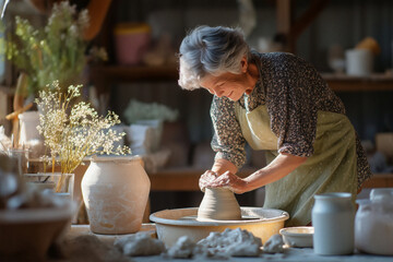 Senior woman enjoying creative pottery art therapy workshop