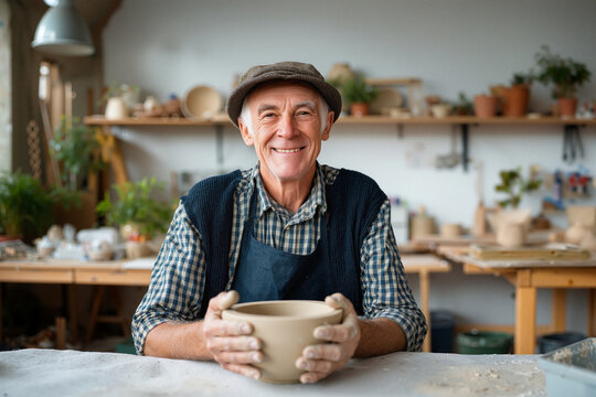 Senior man enjoying art therapy making pottery