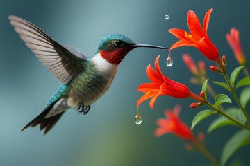Obraz premium Vibrant hummingbird drinking nectar from orange flowers with water droplets in mid-air on blue background, symbolizing precision and nature beauty. Ai generative