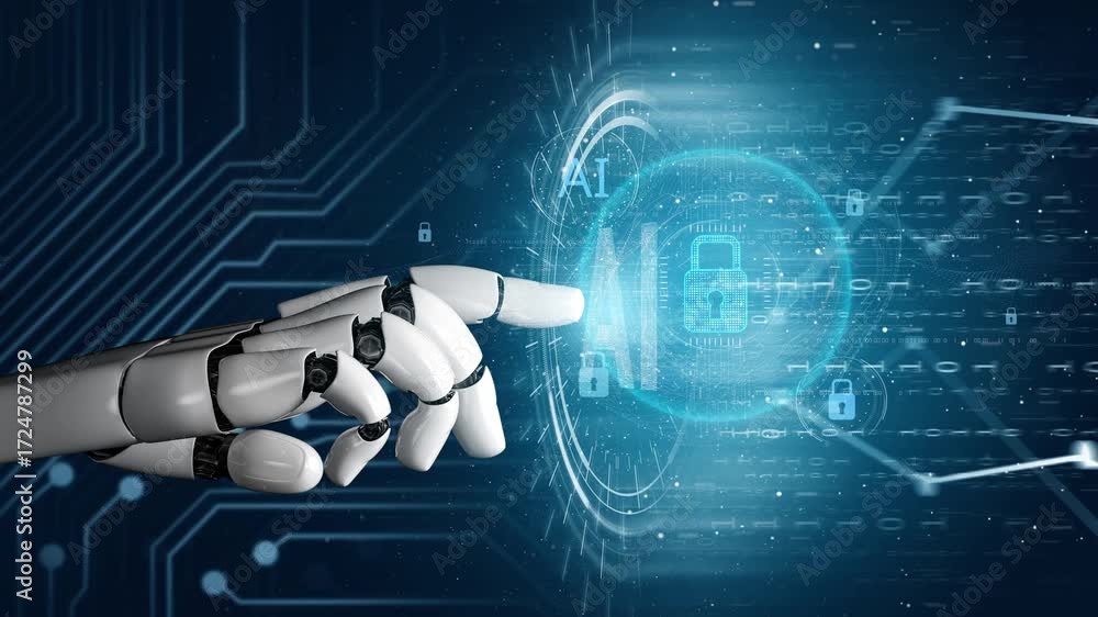 Poster ai monitoring cybersecurity, verifying biometric access, analyzing identity patterns, and securing d