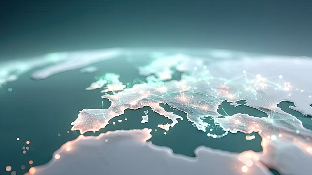 Detailed World Map Hologram with Glowing Network Connections on Blue Background