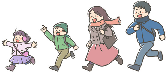 鞄を持ち、走ってお出かけする子ども連れの冬服の家族のイラストセット
