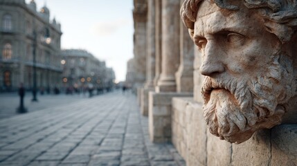 Ancient Stone Bust with Ornate Detail near European City Buildings Sunny Weather