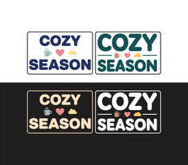 "Cozy Season" T-shirt design set vector with maple leaf, autumn theme labels, warm seasonal slogan, simple graphic illustration, elegant decorative elements, various colors.
