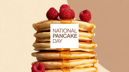 Stack of pancakes topped with raspberries and syrup, celebrating National Pancake Day