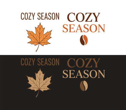 "Cozy Season" T-shirt design vector with maple leaf and coffee beans, autumn theme label, warm seasonal slogan, simple graphic illustration, elegant decorative element.