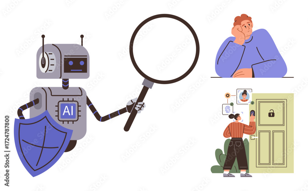 Poster ai-powered robot analyzing data with a magnifying glass next to a thinking man and a woman unlocking