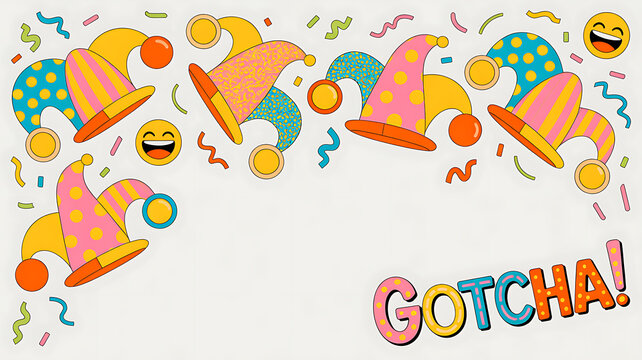 Colorful jester hats and confetti surround the word 'GOTCHA!' in a playful, festive design.
