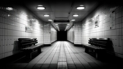 A long, empty underground passageway, illuminated by overhead lights, evokes a sense of quiet solitude.