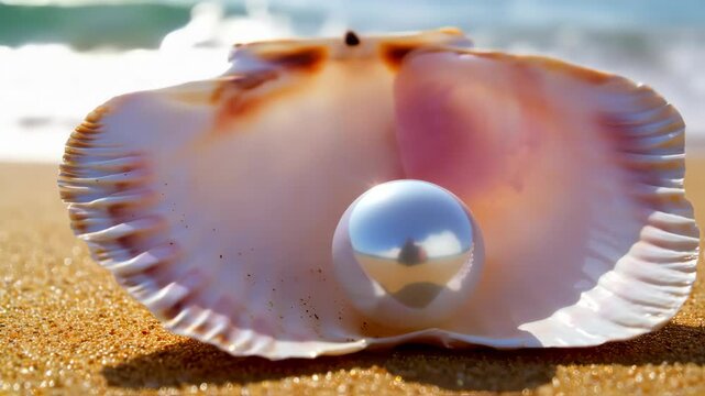 A pearl nestled within a seashell on the beach