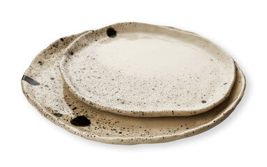 Handmade Ceramic Plates with Black Speckled Pattern Isolated on White Background with Clipping Path