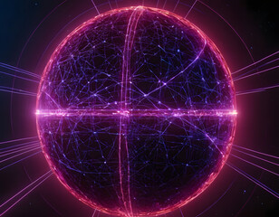A globe of a planet surrounded by neural neon nexus lines, grid, and nodes. Creative concept of technological progress, the World Wide Web banner.  Abstract background with glowing circles.